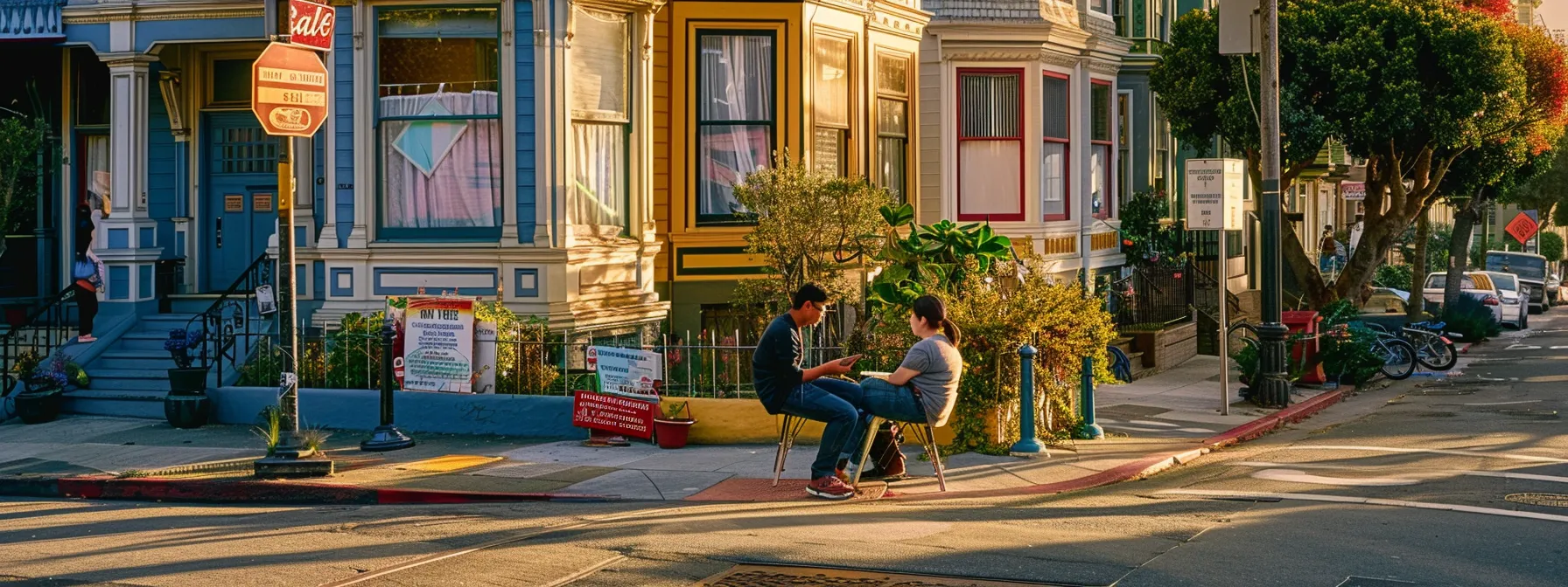 a couple signing a lease-to-own agreement in front of a charming duplex, surrounded by colorful 