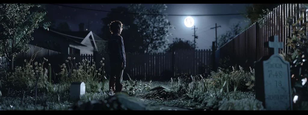 a curious person standing in a backyard, looking at a freshly dug grave under the moonlight.