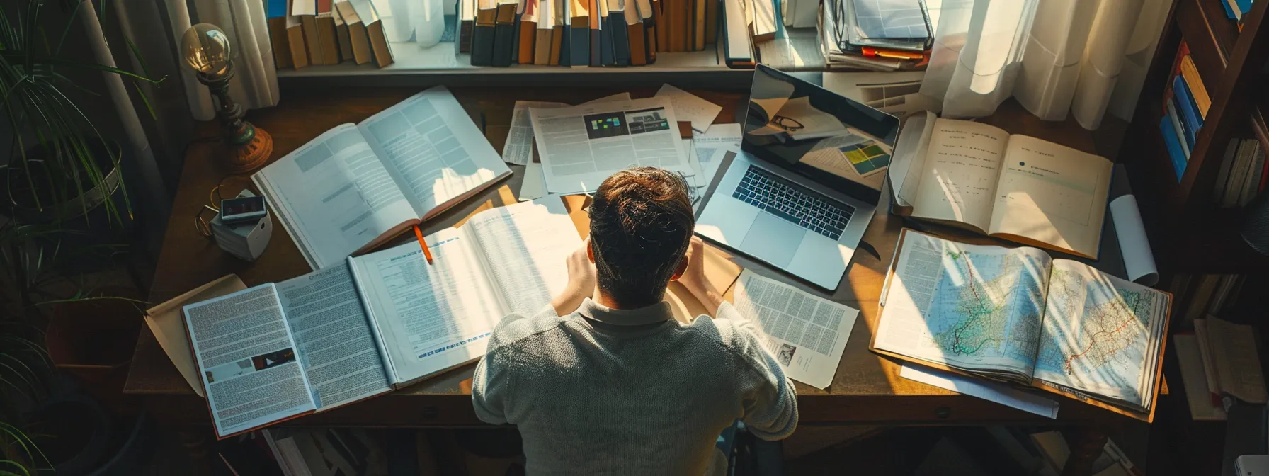 a determined individual surrounded by open books, maps, and a laptop, researching neighborhoods and making informed decisions while sitting at a cozy home office desk.