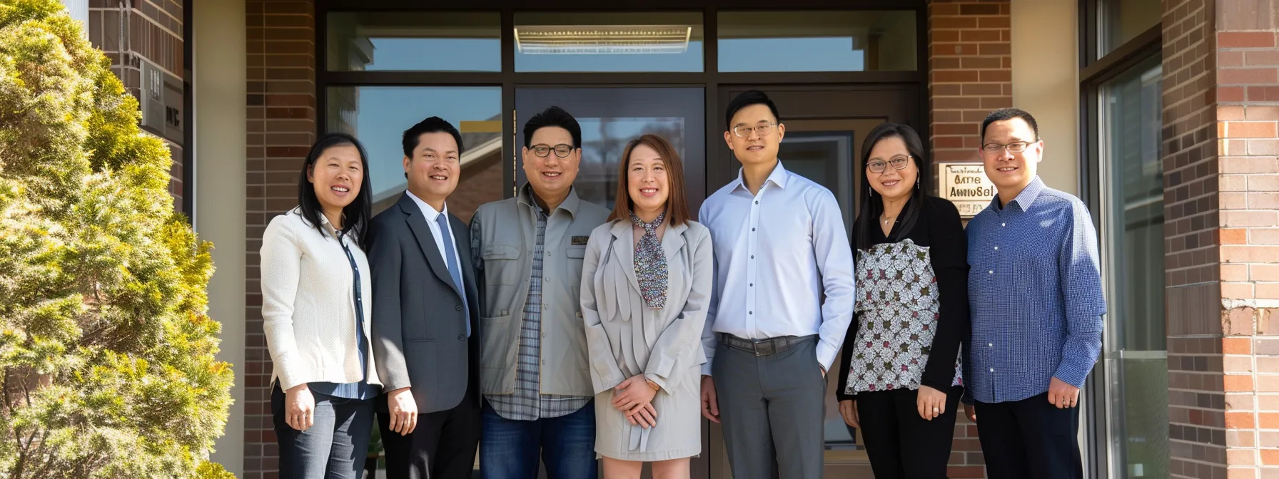 a diverse group of homebuyers confidently standing together in front of a welcoming real estate office, symbolizing legal protections against steering in the housing market.