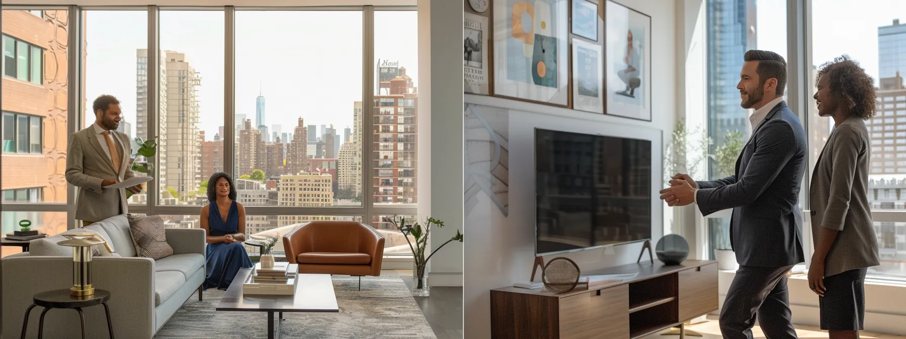 a diverse group of homebuyers in new york city shaking hands with a smiling, trustworthy real estate agent in a modern office setting.