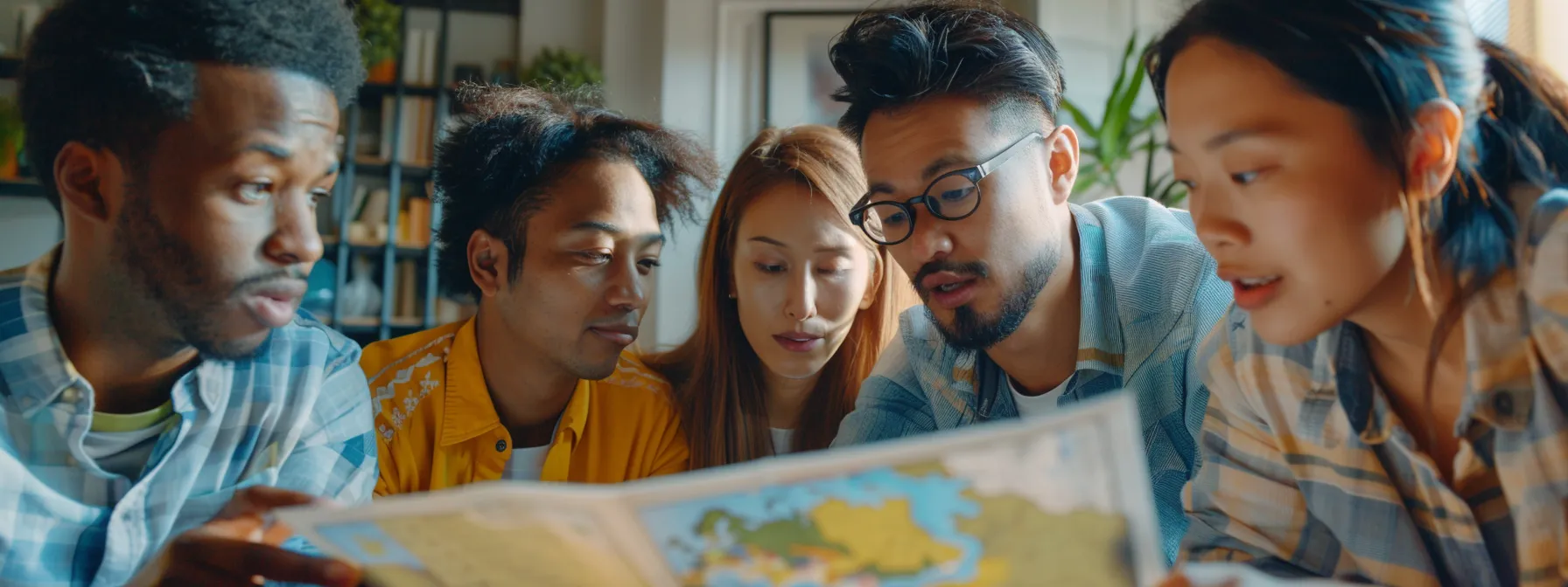 a diverse group of potential homebuyers looking closely at a map, while a real estate agent looks on nervously, hinting at potential steering practices.