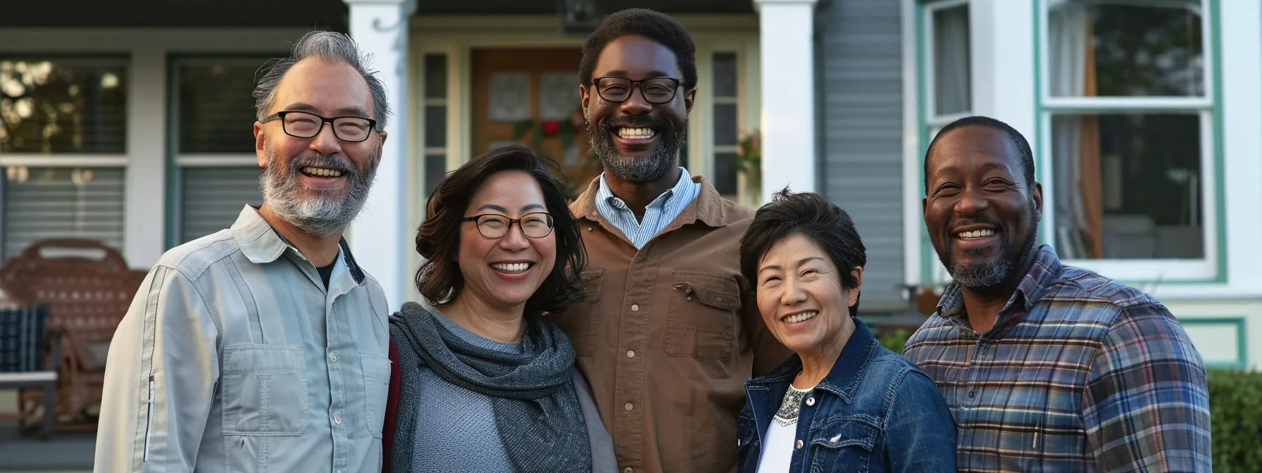 a diverse group of potential homeowners smiling happily in front of a charming house, symbolizing hope and opportunity in zero down payment home buying.