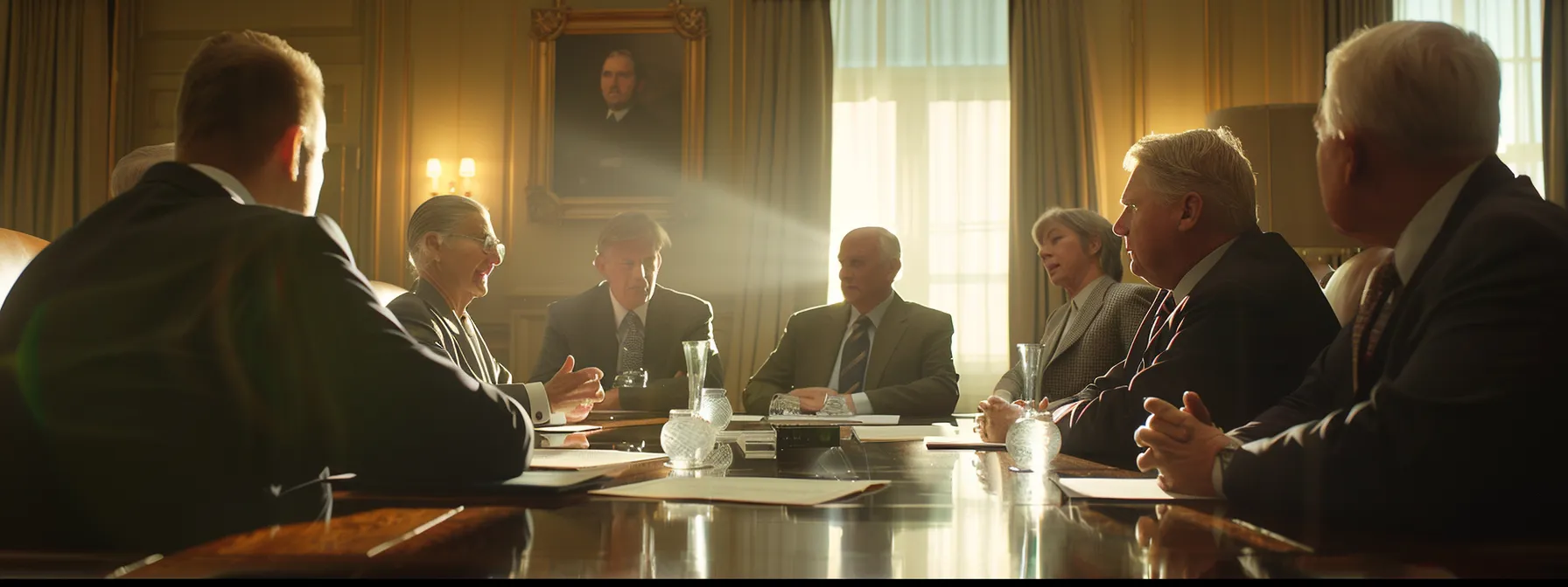 family members and legal advisors gathered around a conference table, discussing inheritance documents and financial implications.