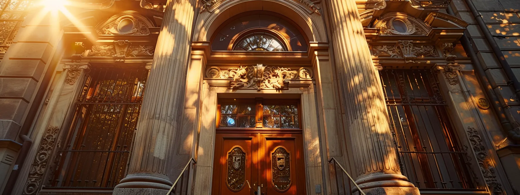 a grand, ornate church building bathed in warm sunlight, showcasing its tax-exempt status through a prominent irs seal on the entrance door.