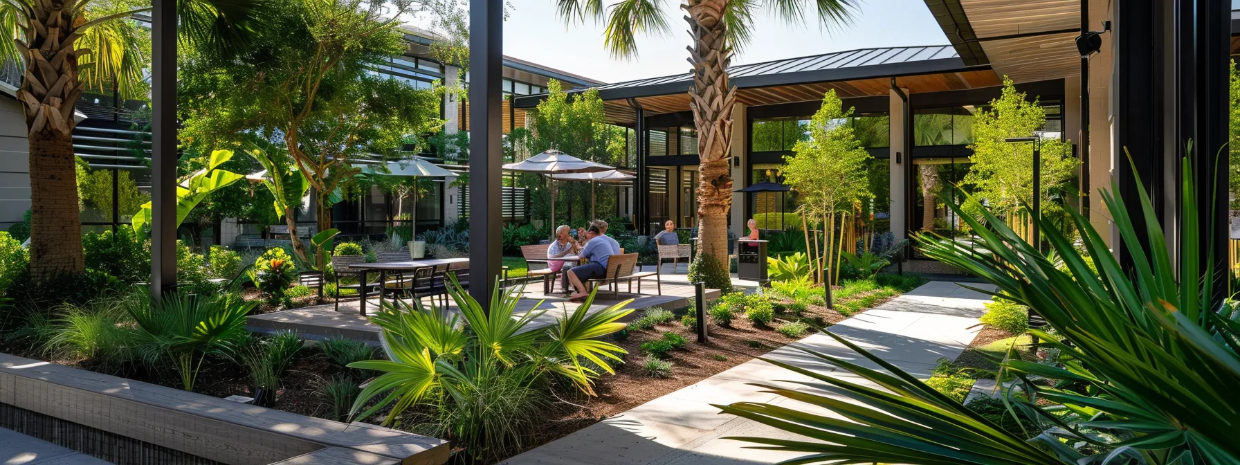 a group of residents enjoying the community lanai at babcock ranch, surrounded by lush greenery and modern solar panels.