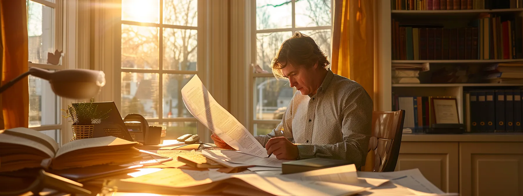 a homeowner carefully reviewing property tax documents at a well-organized desk with sunlight streaming in through a large window.