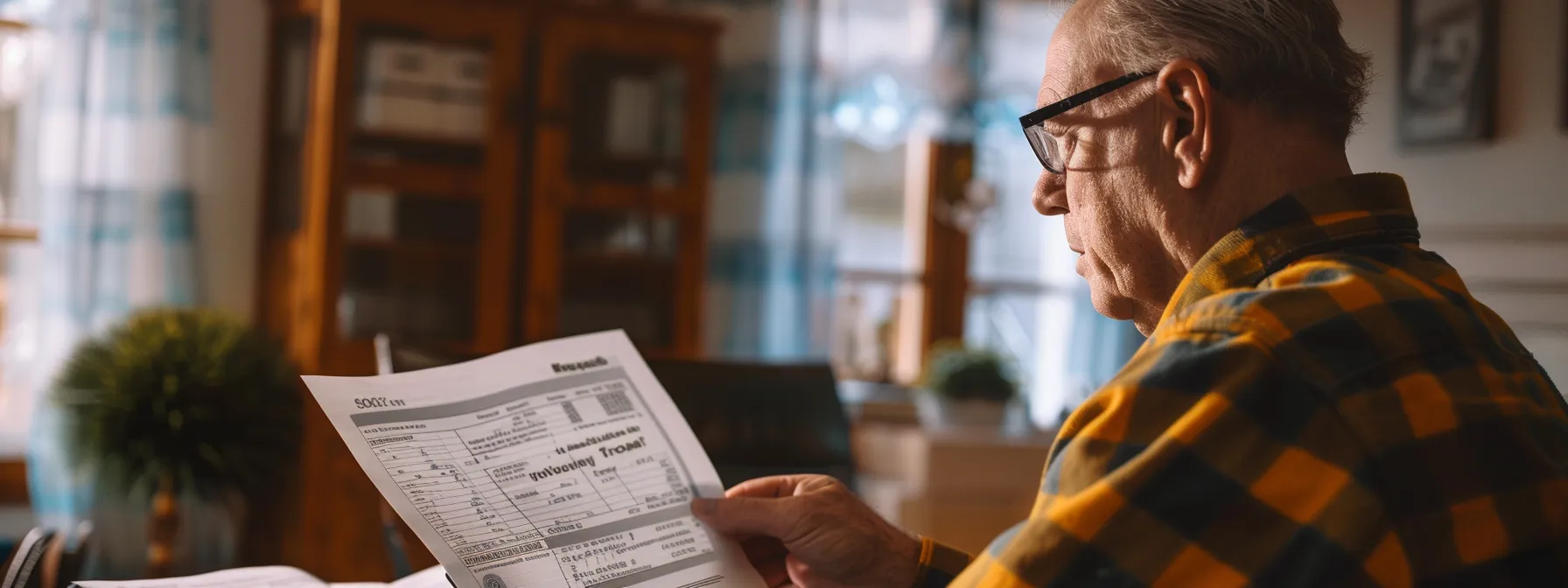 a homeowner looking at a bill for property taxes, with a stack of real estate documents in the background.