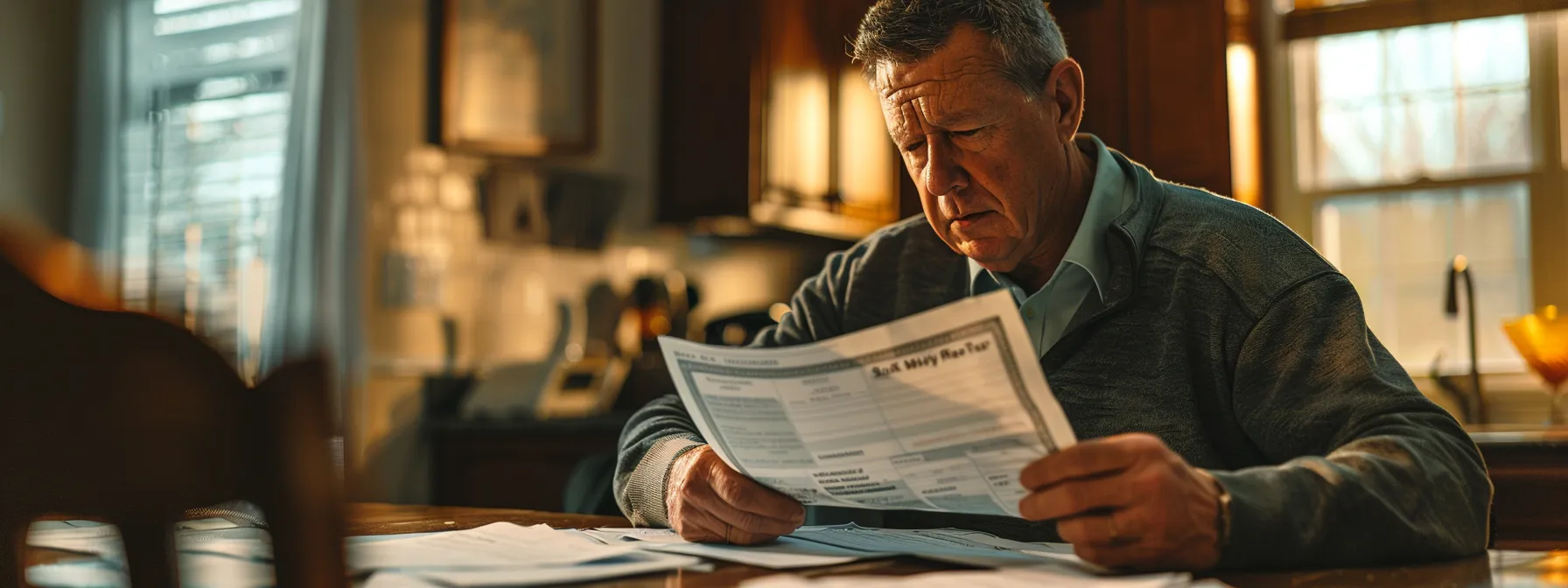 a homeowner looking at a hefty real estate tax bill with a concerned expression as they sit at their kitchen table, surrounded by paperwork.