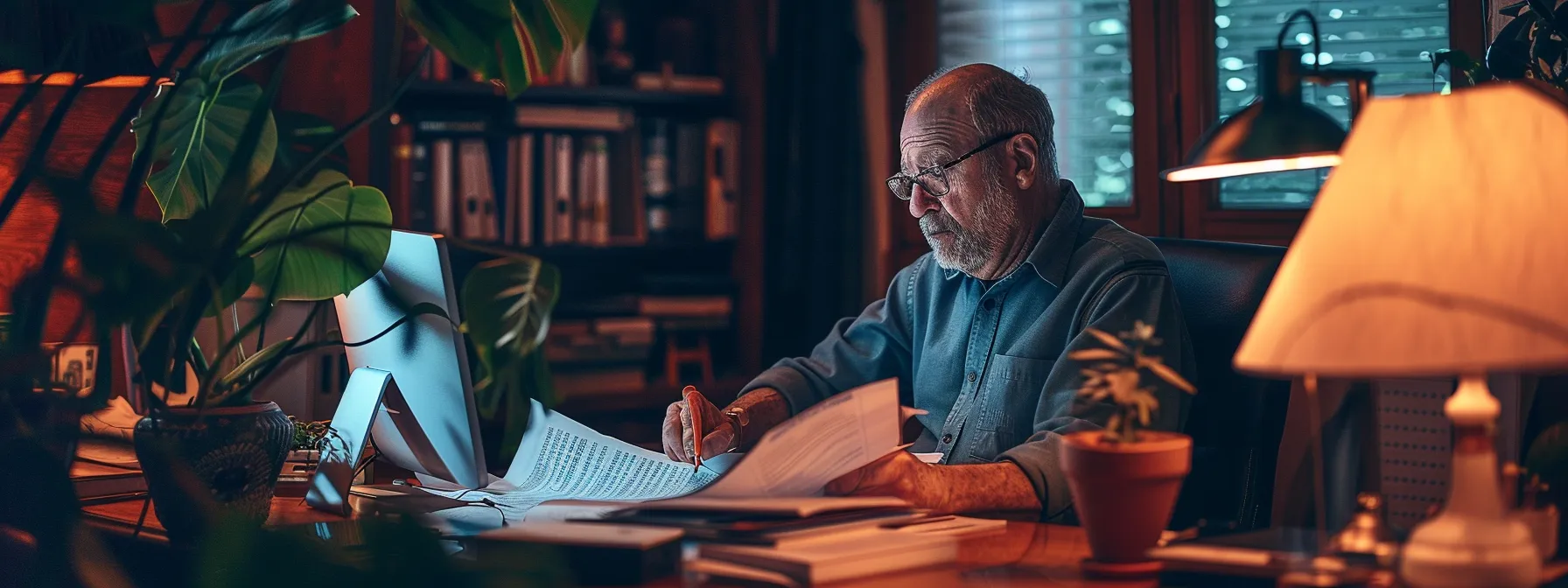 a homeowner sitting at a desk with a computer, surrounded by paperwork, looking focused while reading a thick book titled 