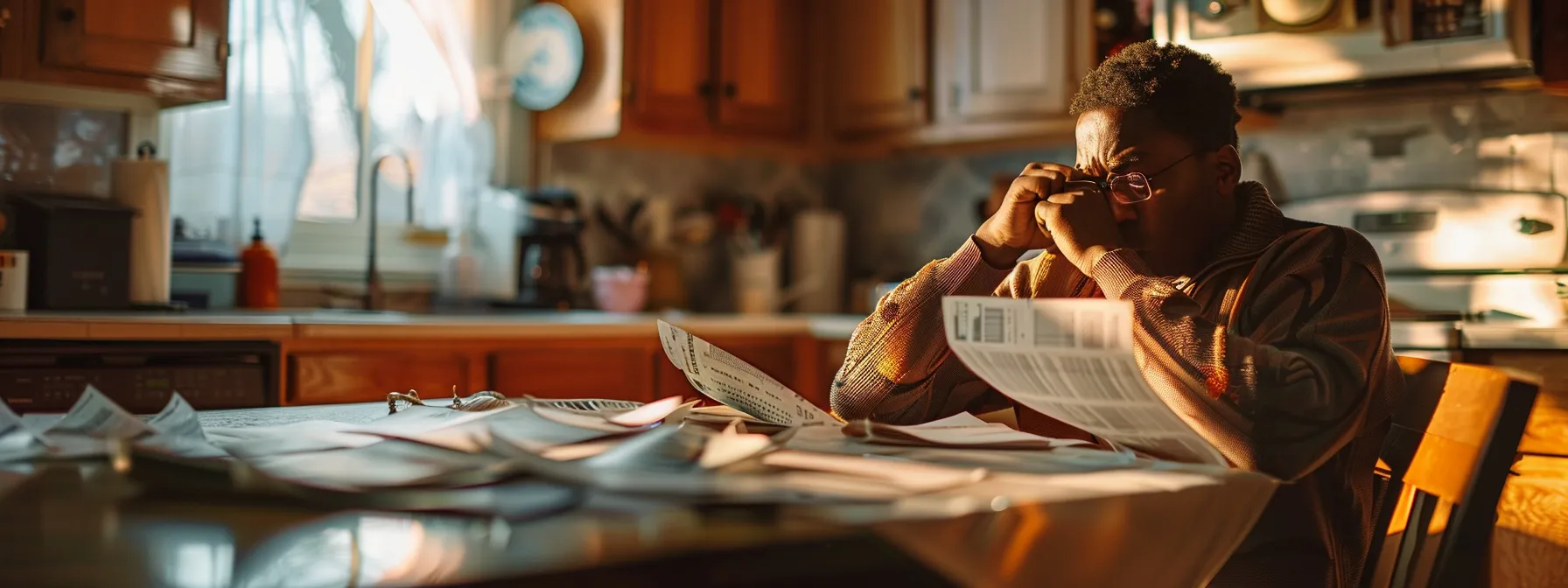 a homeowner sitting at a kitchen table, surrounded by bills and spreadsheets, looking confused yet determined as they contemplate the advantages and disadvantages of including taxes in mortgage payments.