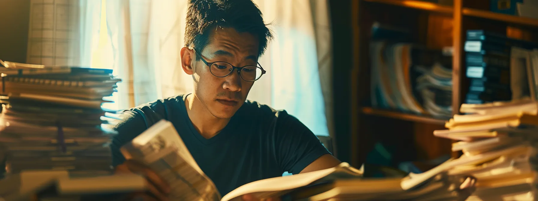 a homeowner studying property assessment documents with a concerned expression, surrounded by stacks of financial paperwork.