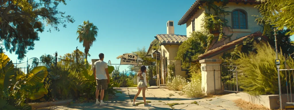 a hopeful couple standing in front of a beautiful house with a "sold" sign, surrounded by a lush green garden and clear blue sky, symbolizing achieving their dream of buying a house with no money.