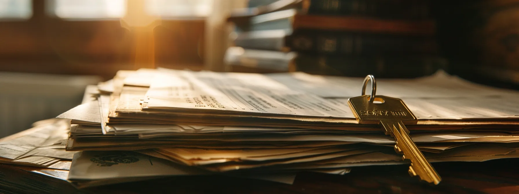 a house key resting on a stack of legal documents, symbolizing the unique features and risks of land contracts compared to traditional mortgages.