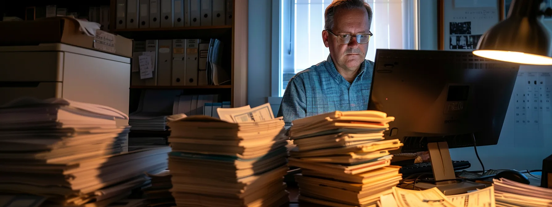 a lender carefully monitoring a stack of property tax bills in a well-organized and secure office setting.