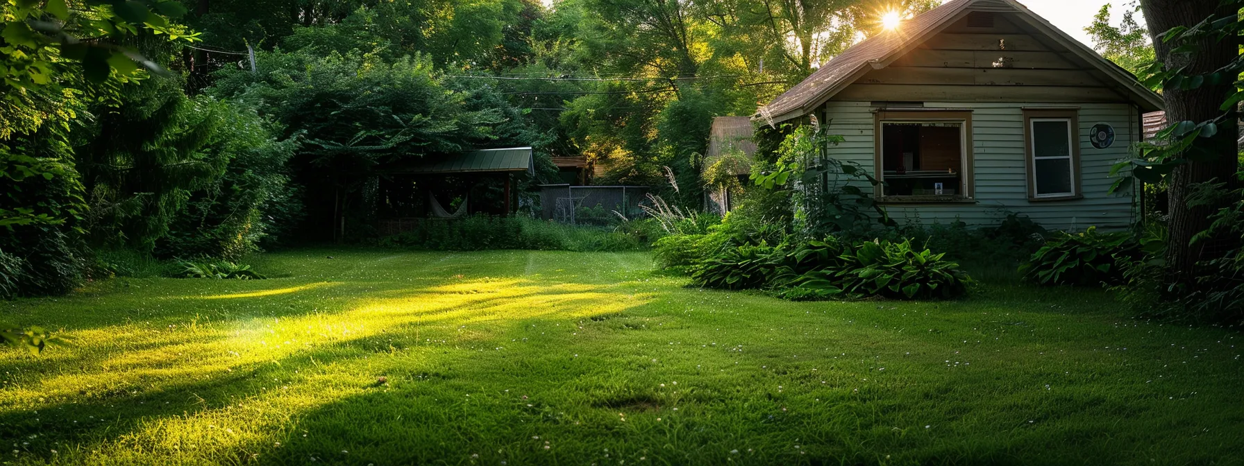 a lush green backyard with a small, neglected house, symbolizing the concept of adverse possession and property taxes.