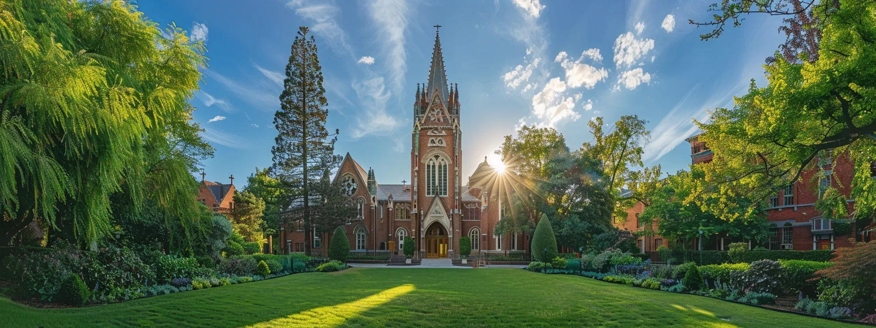 a majestic church with intricately designed stained glass windows and a towering steeple, surrounded by well-kept gardens and a peaceful courtyard.