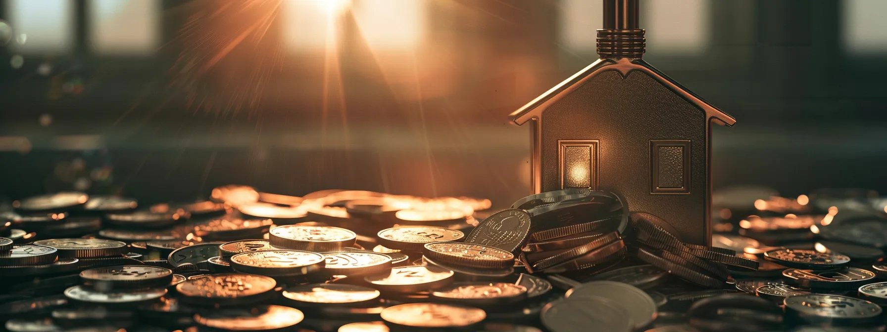 a modern house key surrounded by a pile of coins, symbolizing the connection between property taxes and mortgages.