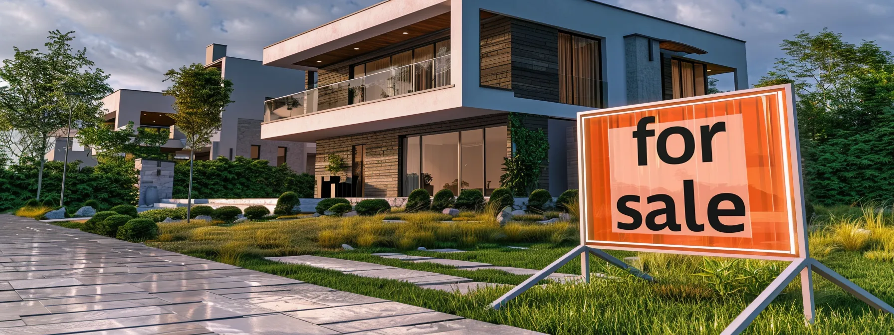 a modern, suburban house with a "for sale" sign in front, symbolizing the question: "are real estate taxes the same as property taxes?"