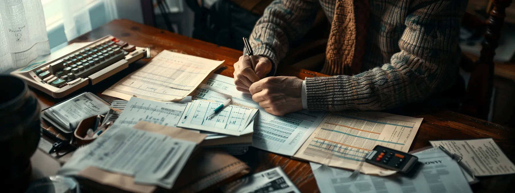 a person carefully organizing financial documents at a desk, surrounded by charts showing credit scores and debt-to-income ratios.