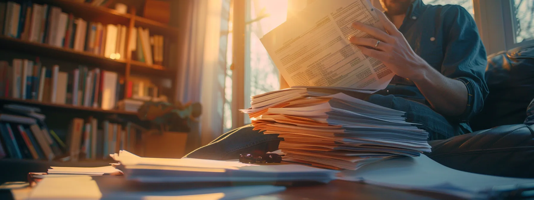 a person carefully reviewing a stack of legal documents related to purchasing a house, with a highlighted rocket mortgage contract in hand.