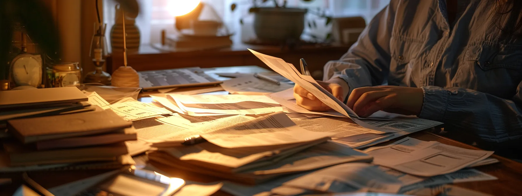 a person carefully reviewing legal documents and tax payment receipts at a desk covered in paperwork.