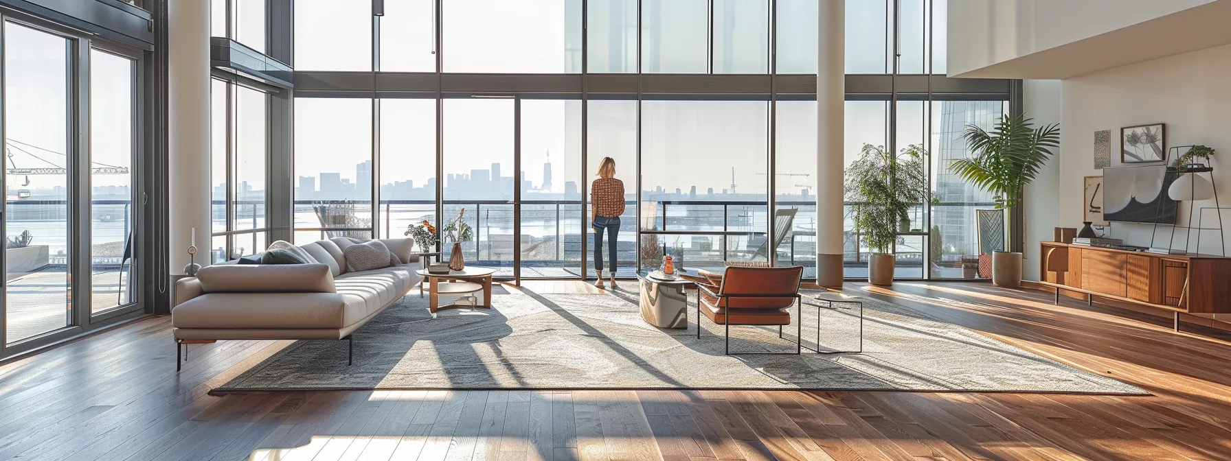 a person inspecting a spacious living room with large windows and modern furniture, scrutinizing the layout and amenities while touring an apartment.