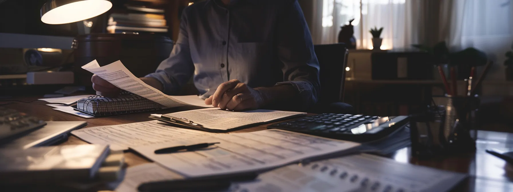 a person sitting at a desk with a calendar and documents, carefully reviewing and managing property tax payments during the contract period.