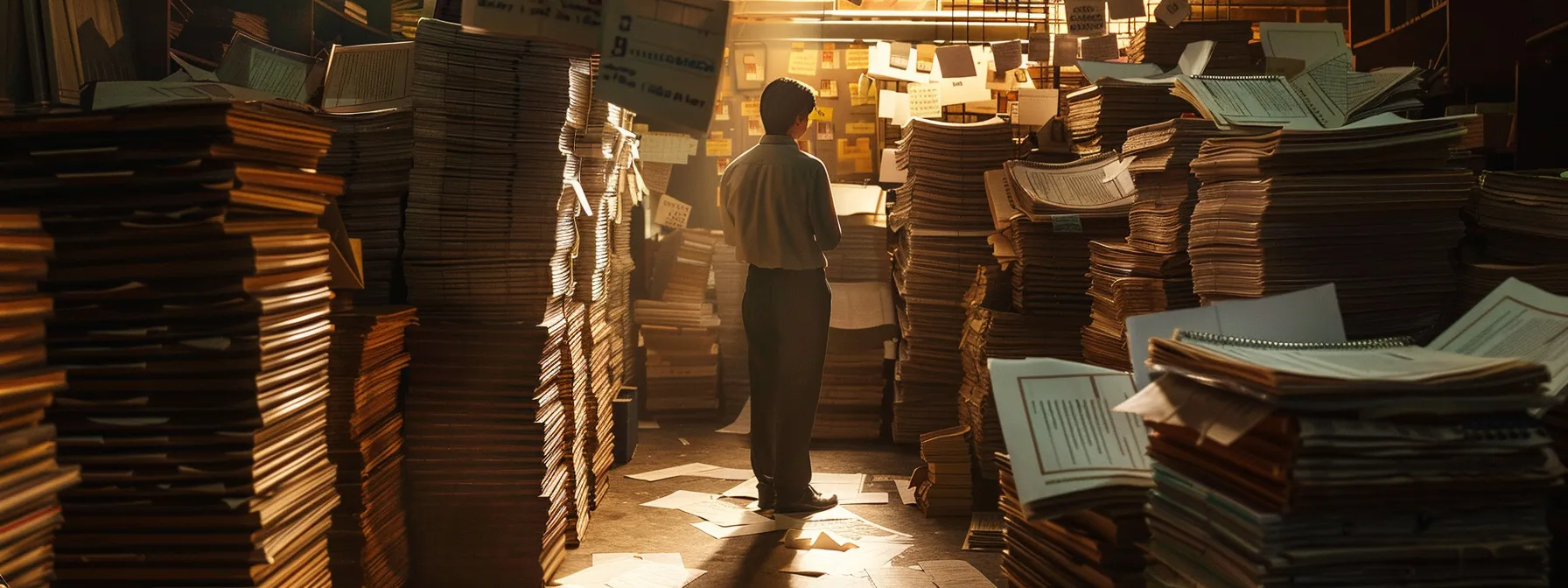 a person standing in a dimly lit room, surrounded by stacks of legal documents and a calculator, contemplating the risks and implications of paying someone else's property taxes.