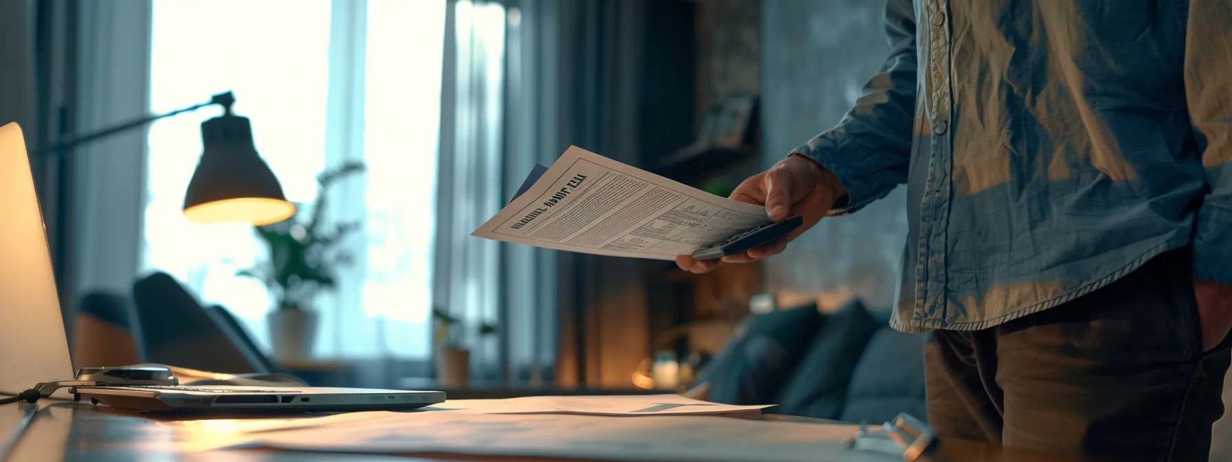 a person standing in a modern, well-lit apartment, examining a detailed lease contract with a calculator in hand, surrounded by paperwork and renter's insurance documents.