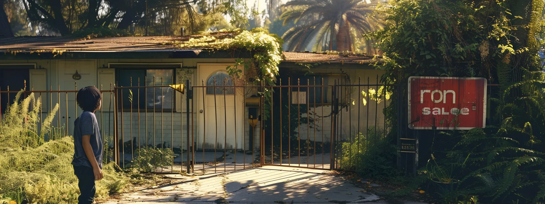 a person standing in front of a locked gate, looking determinedly at a house surrounded by overgrown plants and a faded 