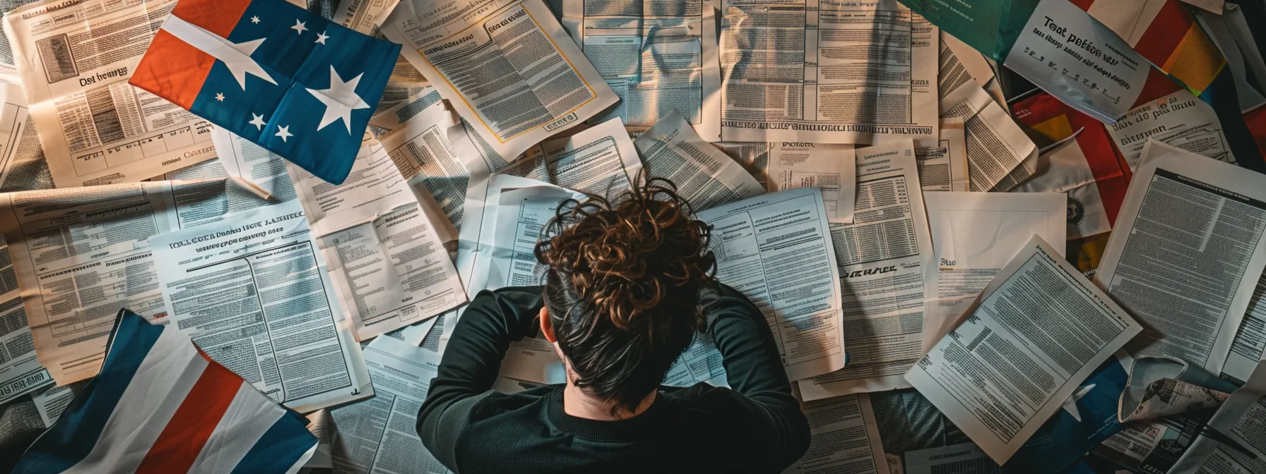 a person surrounded by a diverse array of state flags, each representing different regional tax laws, while studying tax documents and receipts.