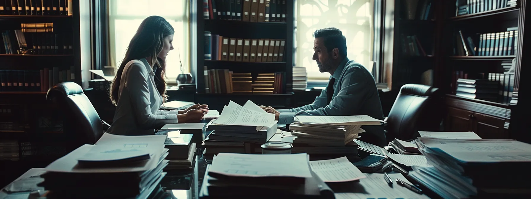 a real estate attorney conferring with a distressed homeowner in a dimly lit office, surrounded by stacks of legal documents, emphasizing the crucial guidance needed in facing foreclosure or short sale situations.