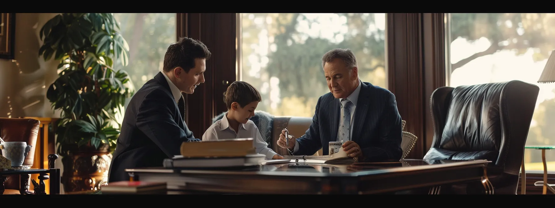 a real estate attorney discussing property transfer with a family in a tastefully decorated office.