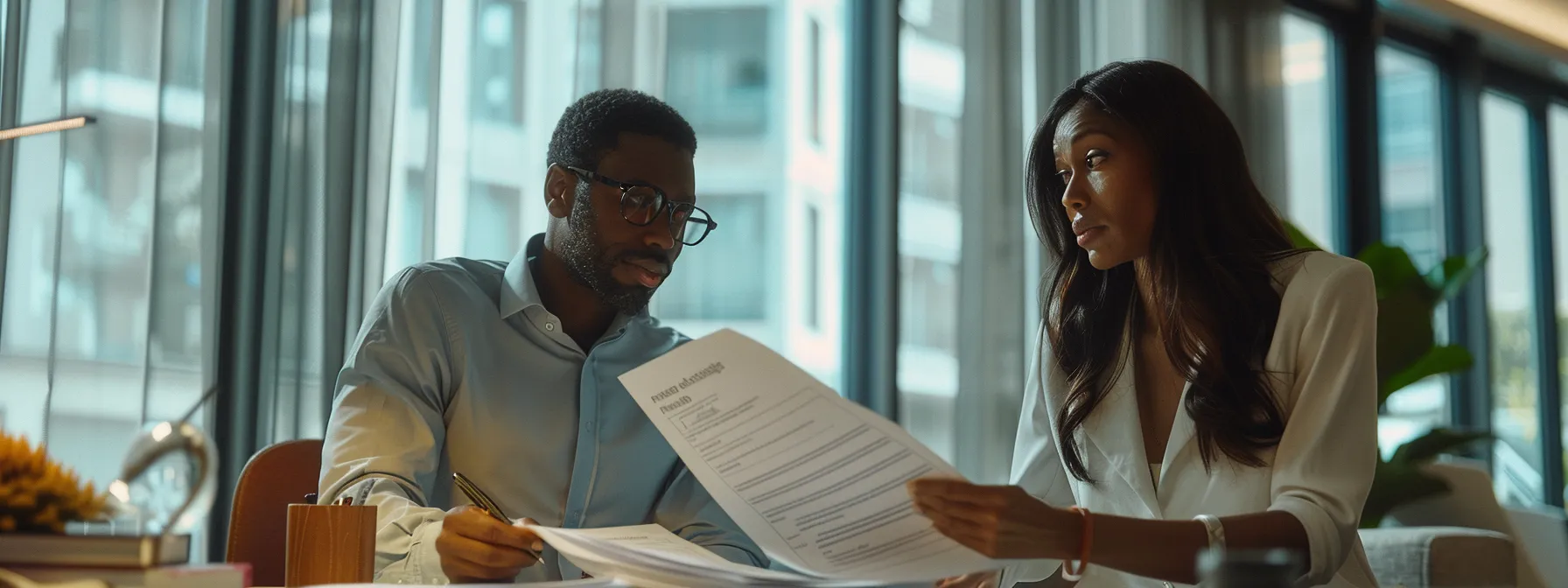 a real estate attorney reviewing a detailed purchase agreement with a client in a modern office setting.