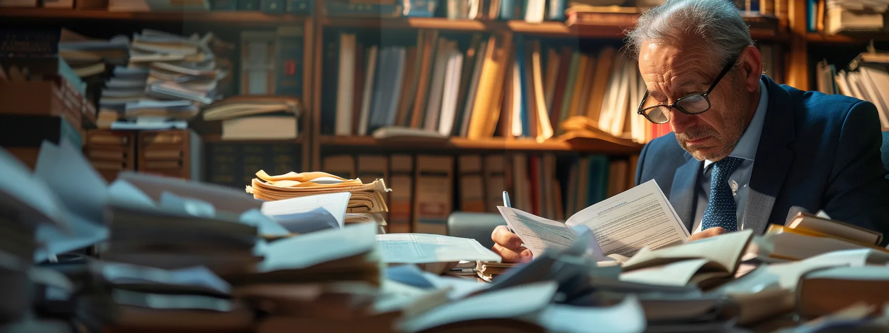 a real estate attorney reviewing a thick stack of documents at a cluttered desk in a bustling office filled with legal books and papers.