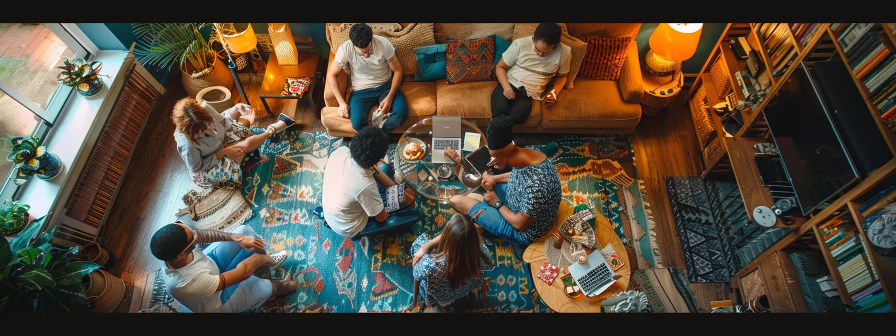 residents gathered around a cozy living room in a shared house, engaged in a lively discussion, surrounded by colorful decor and shared responsibilities.