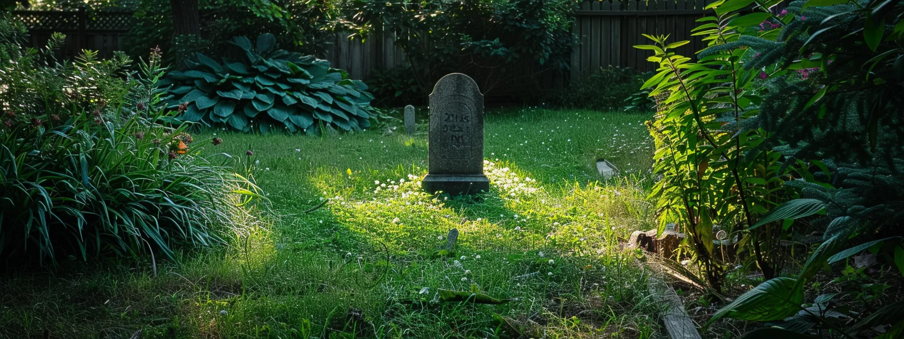 a serene backyard garden with a tombstone subtly peeking through lush greenery, highlighting the impact of home burials on property value and future sale prospects.