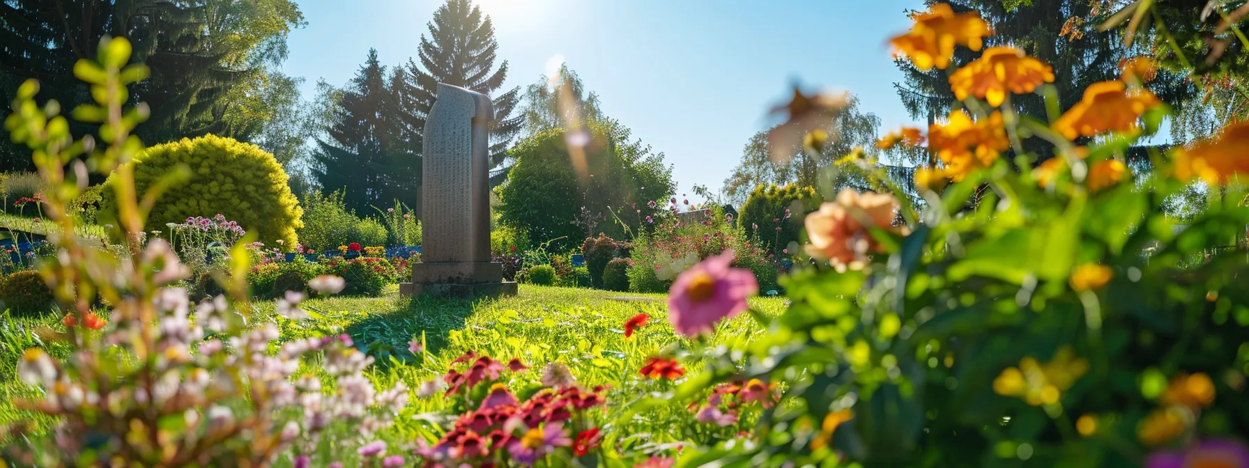 a serene backyard with a wooden grave marker, surrounded by blooming flowers and a clear blue sky, illustrating the legal requirements and considerations for home burials.