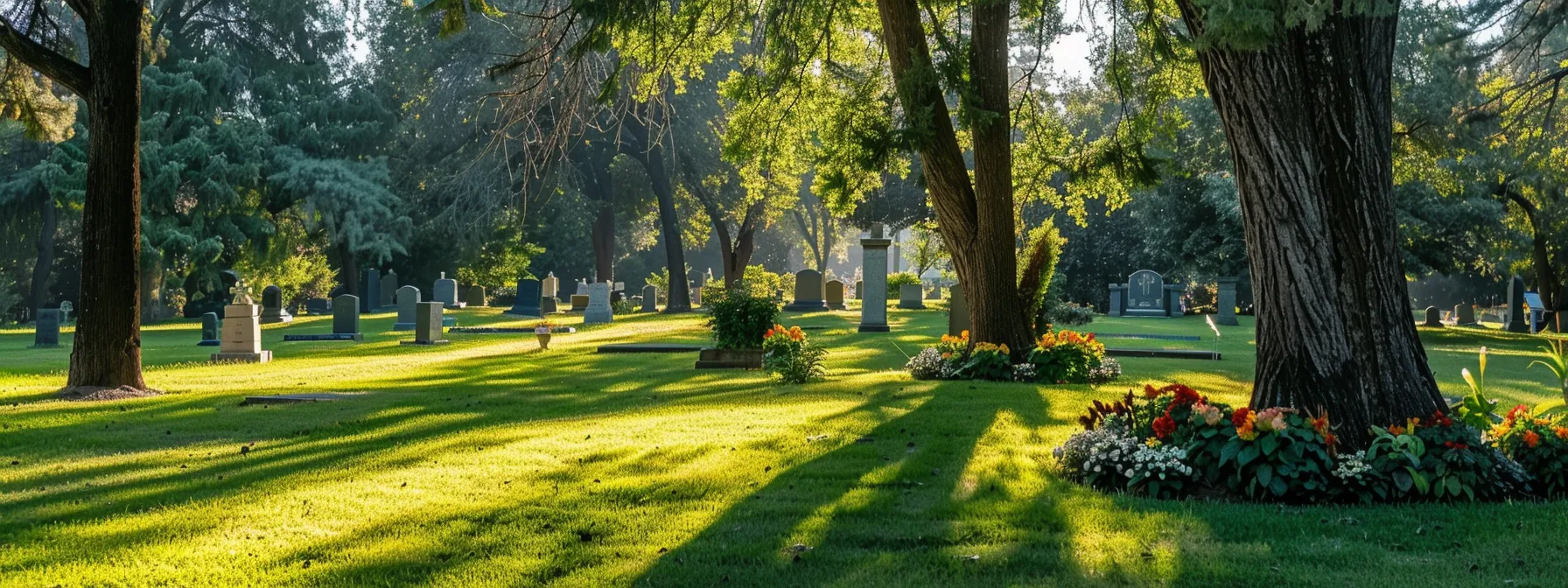 a serene cemetery with different sections designated for specific land use restrictions and zoning laws, showcasing the importance of compliance for property owners considering home burials.