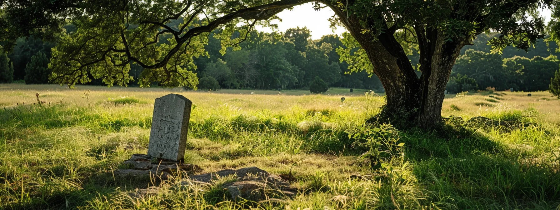 a serene rural property with a simple gravestone under a shady tree, illustrating the potential property tax benefits of home burials.