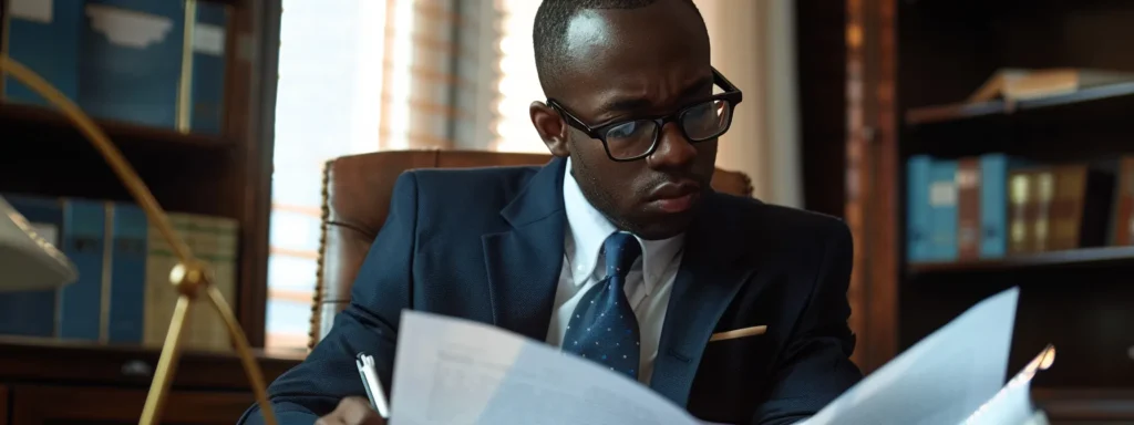 a serious-looking real estate attorney in a sleek office, reviewing legal documents with a focused expression.