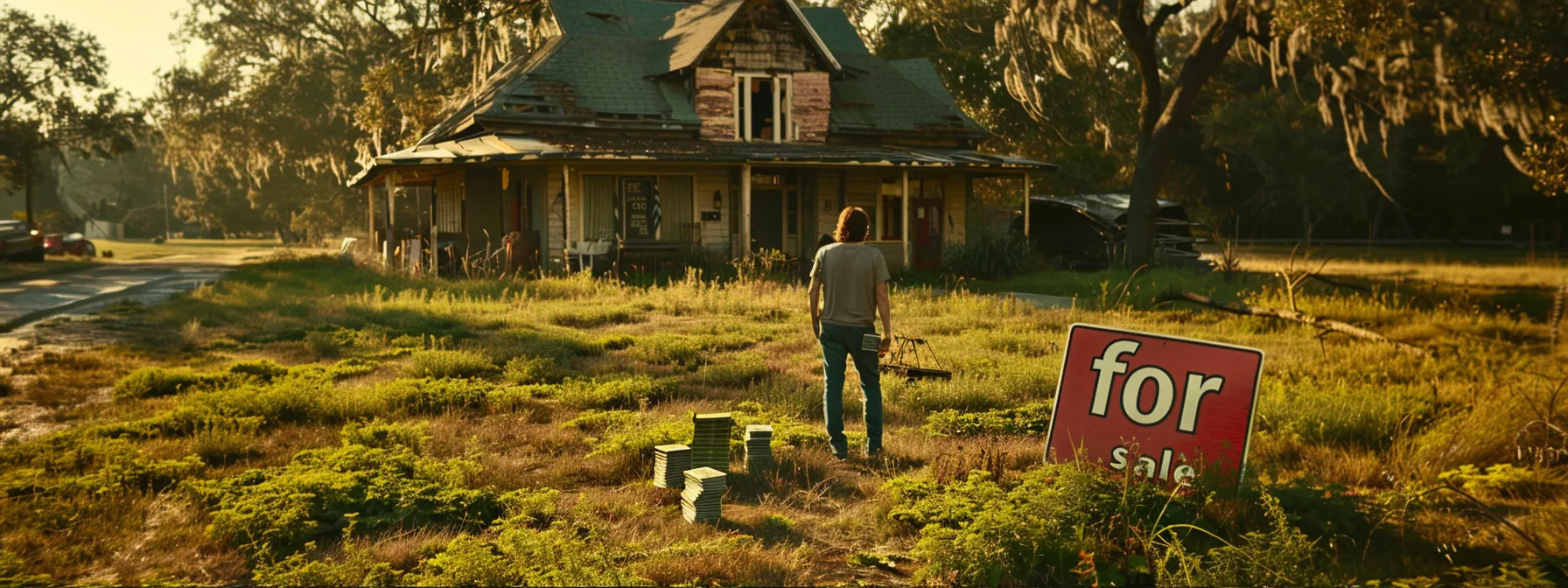 a stern-faced homeowner counting stacks of cash while standing in front of a large, rustic property with a "for sale" sign in the yard.