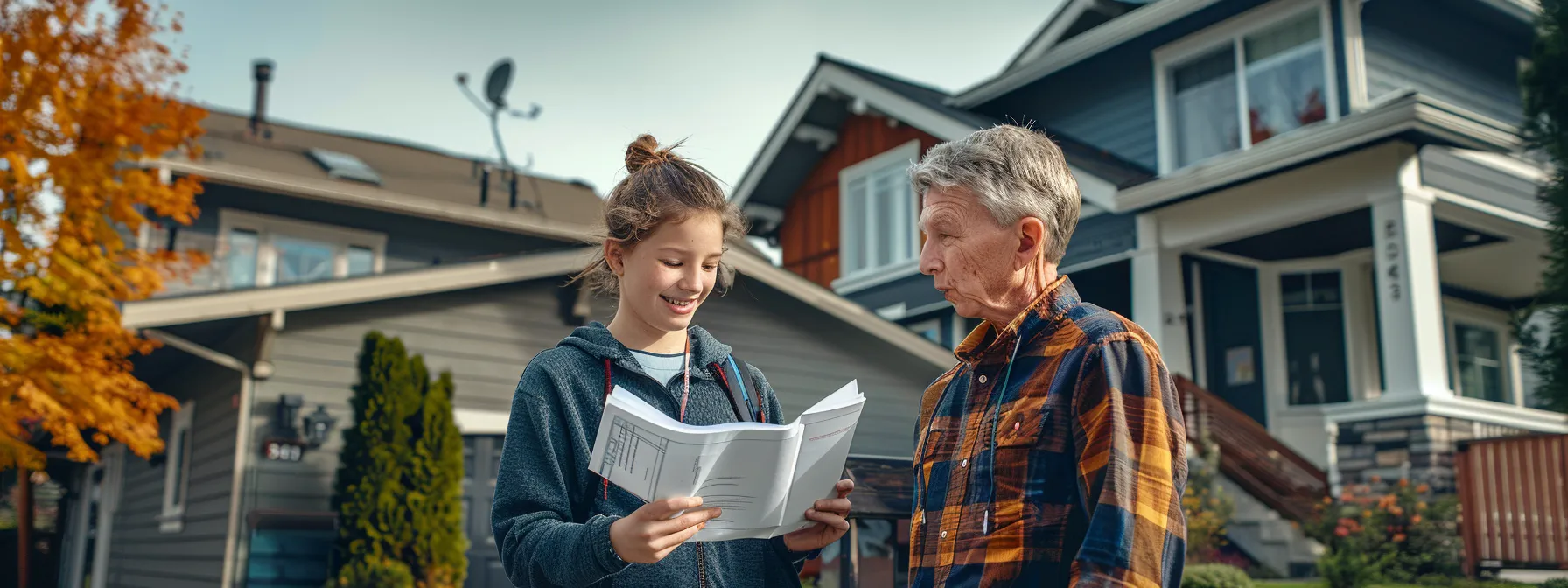 a teenager and their guardian standing together in front of a house, discussing property ownership options and holding documents.