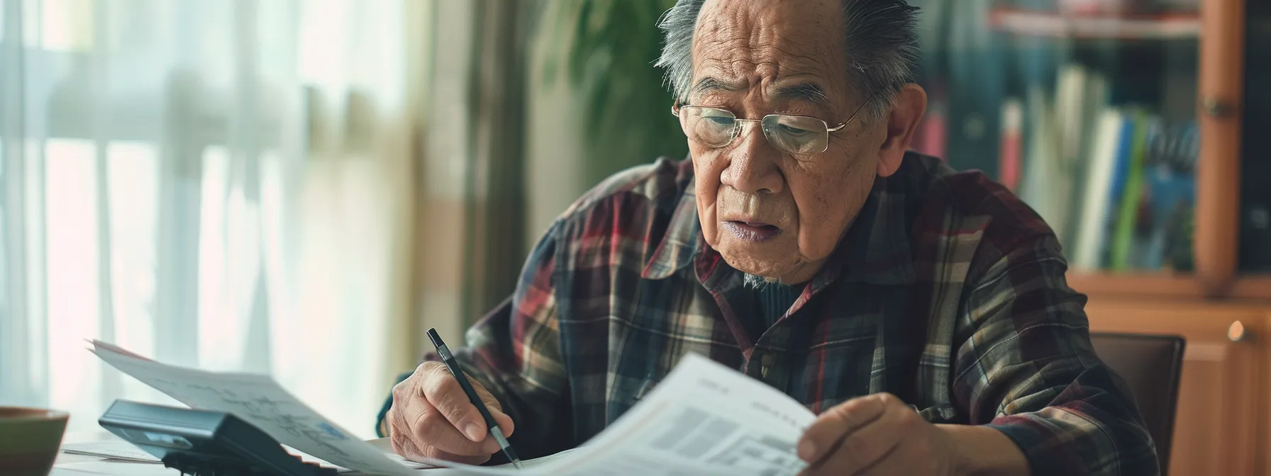 a worried homeowner reviewing documents with a calculator and concerned expression, surrounded by bills and financial statements.