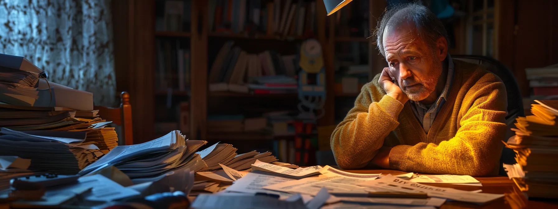 a worried homeowner sitting at a cluttered desk, surrounded by legal documents and tax notices, with a serious expression on their face.