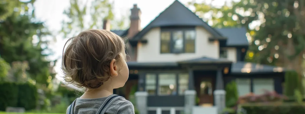 a young child gazing up at a towering, majestic house, wondering how old you have to be to buy one.