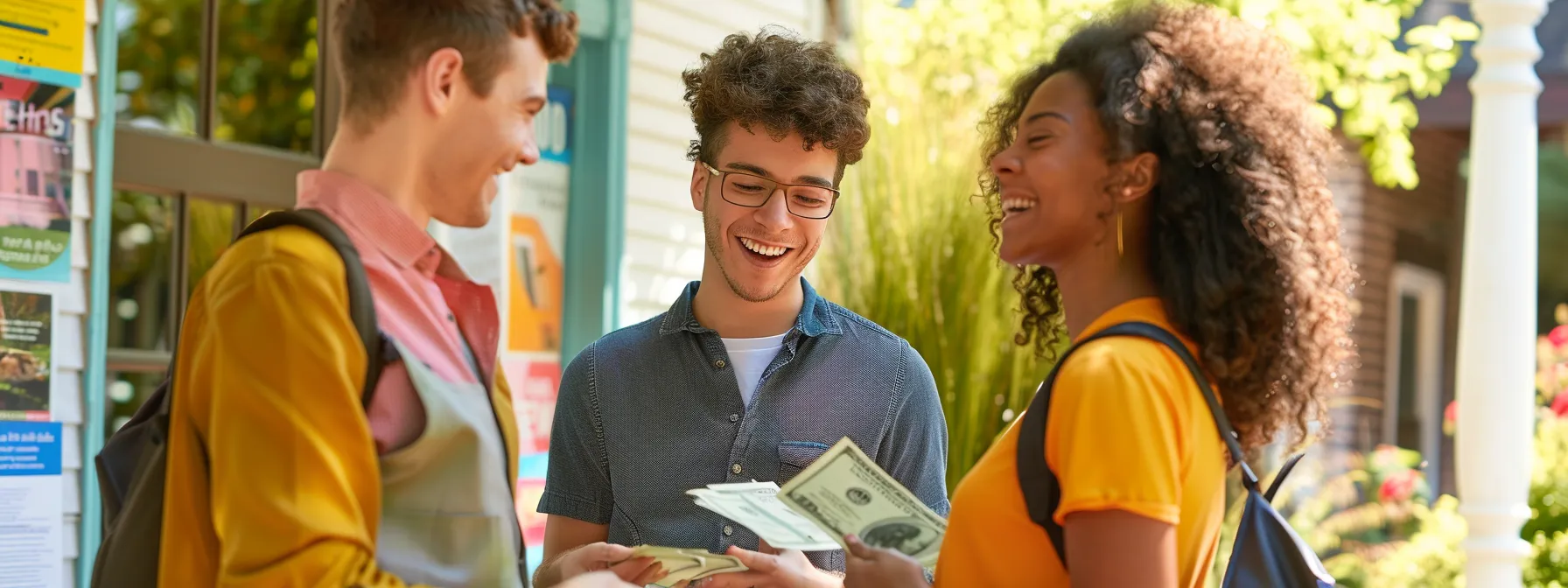 a young couple happily receiving a check from a smiling real estate agent in front of their dream house, surrounded by colorful brochures about down payment assistance programs.