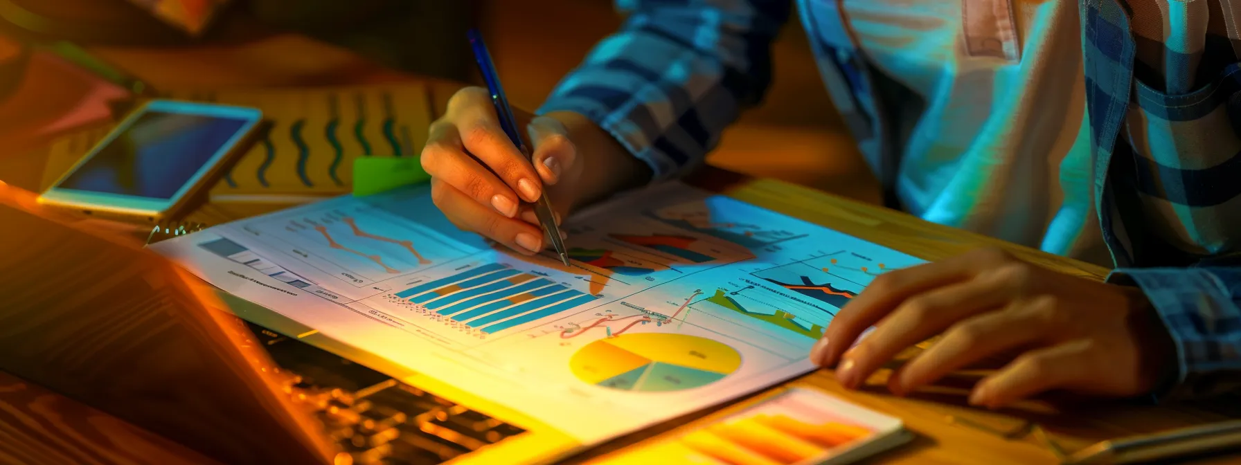 a young couple reviewing a detailed financial plan, with charts and graphs showing credit scores and savings strategies, as they discuss their path to becoming homeowners.