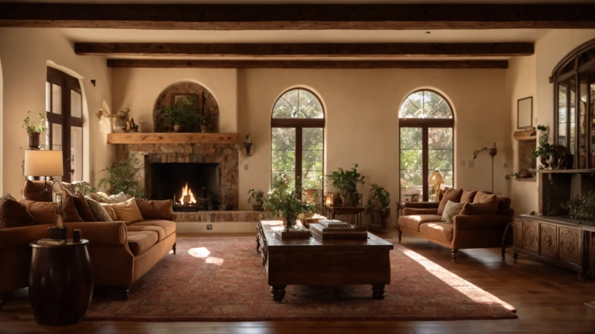 an inviting living room in a spanish revival home, featuring exposed wooden ceiling beams, warm earth tones, antique furniture, and a central fireplace creating a cozy and authentic ambiance.